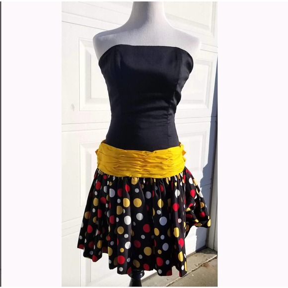 Vintage 1980's Victor Costa Black Yellow Polka Dot Strapless Dress With Bow - Picture 7 of 8